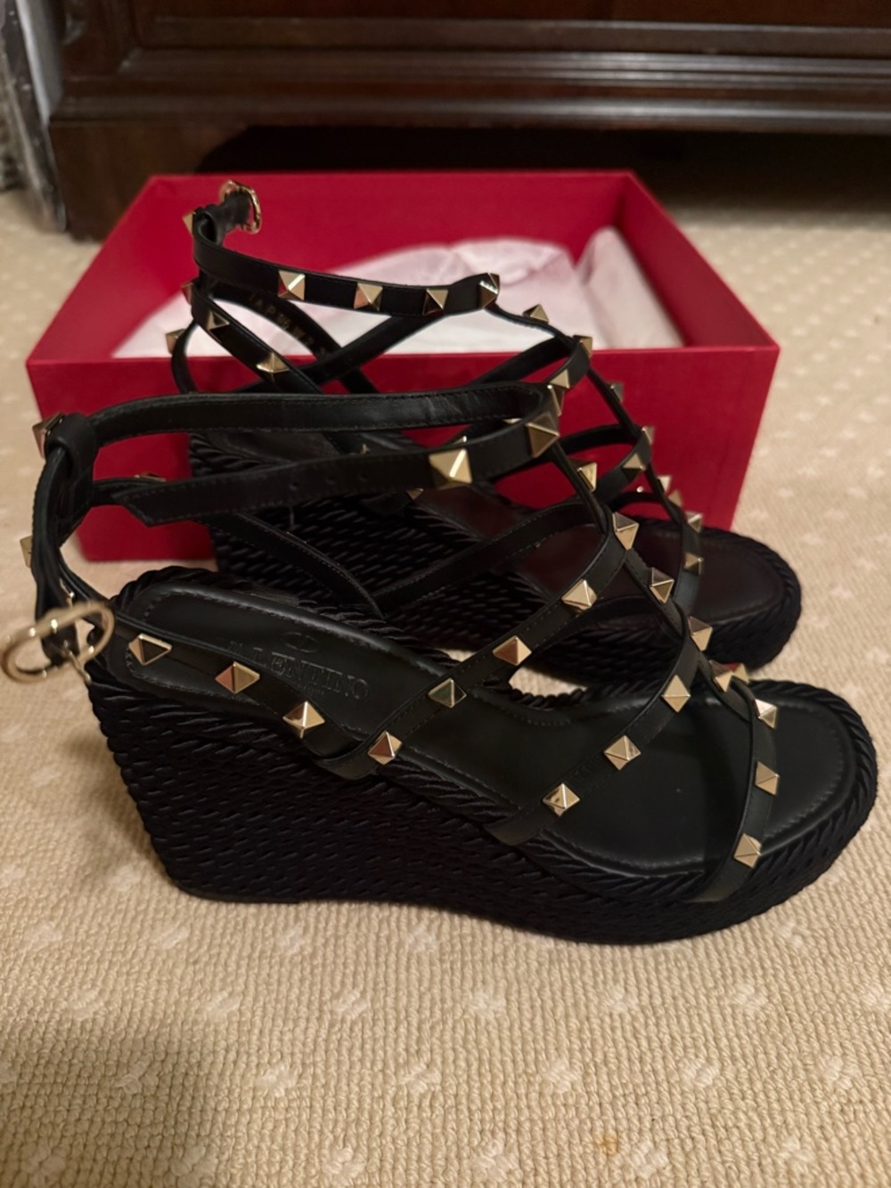 Valentino Garavani Black Wedge Sandals with Gold Pyramid Studs